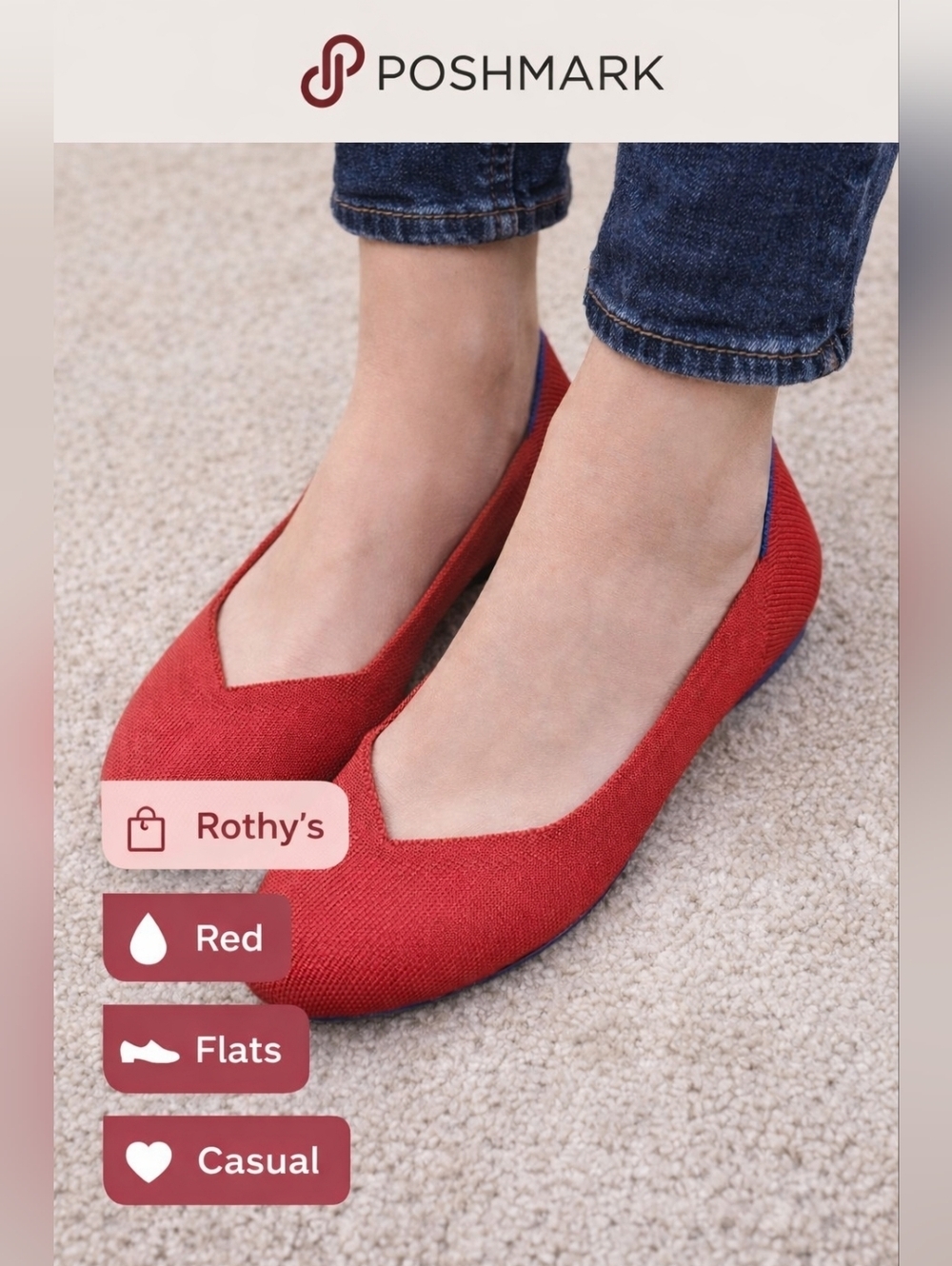 Rothy’s Red Rounded Toe Flats Knit Slip-On Sustainable Chic - 8